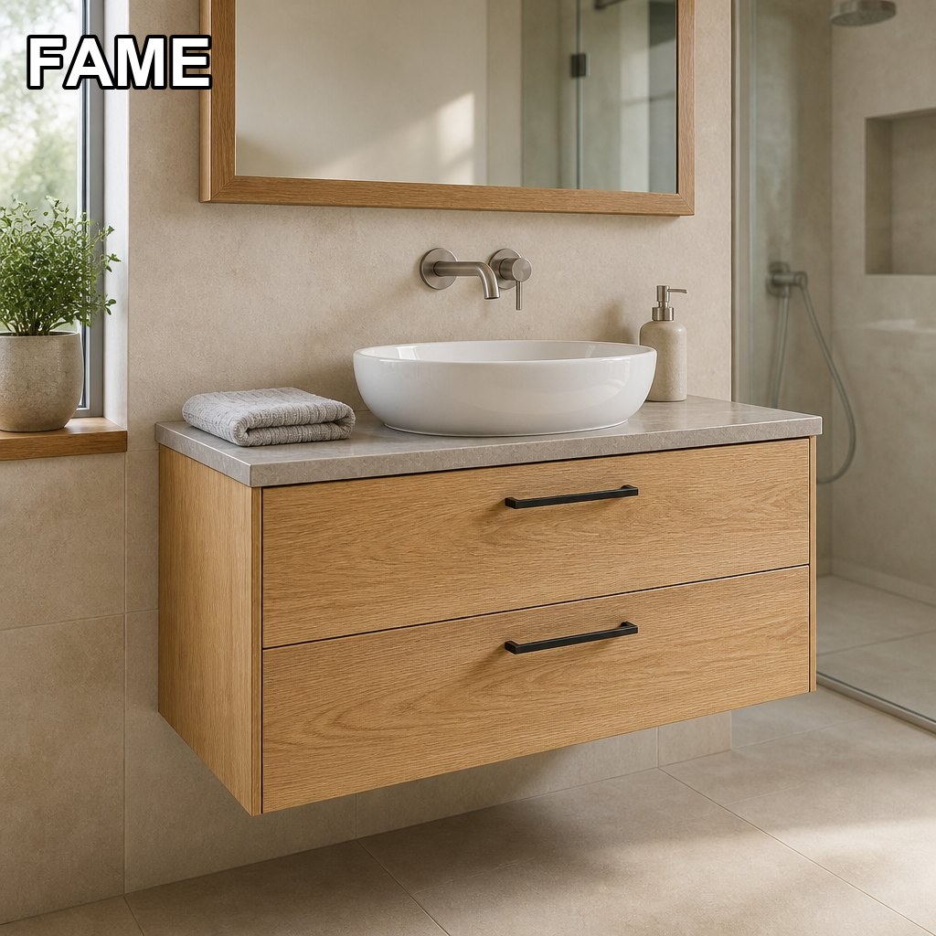 800mm Warm Oak Wall-Hung Vanity — Sintered Stone Top + Ceramic Basin in a real bathroom setting