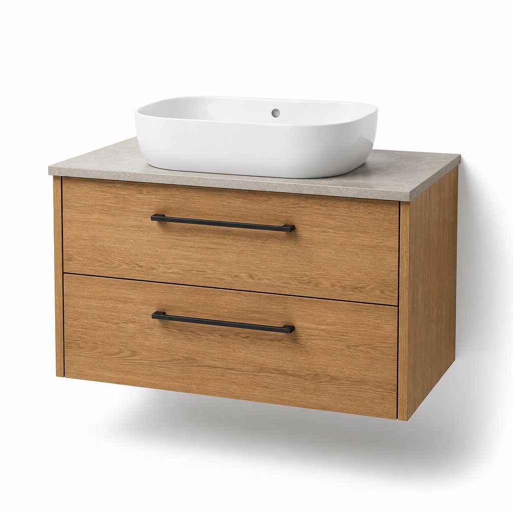 800mm Warm Oak Wall-Hung Vanity — Sintered Stone Top + Ceramic Basin — FAME bathroom cabinet manufacturer