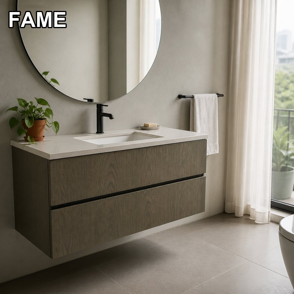 850mm Eucalyptus Wall-Hung Vanity — Chilean Timber Tone on a 20mm Stone Deck in a real bathroom setting