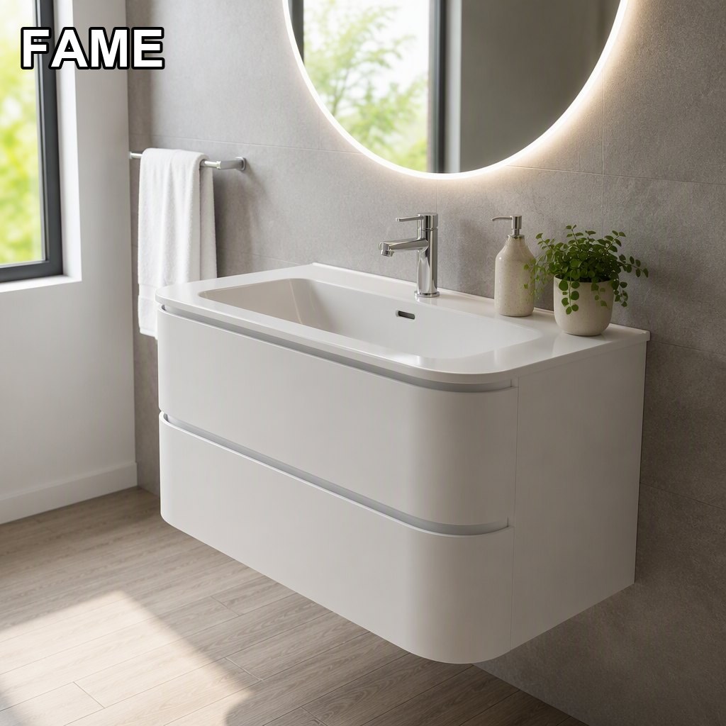 900mm Arc-Profile Vanity — Smooth Rounded Silhouette in a real bathroom setting