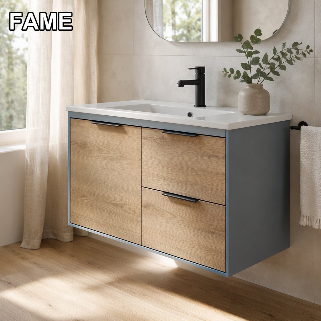 900mm Blue-Grey Coastal Wall-Hung Vanity — Ceramic Basin + Oak-Look Fronts in a real bathroom setting