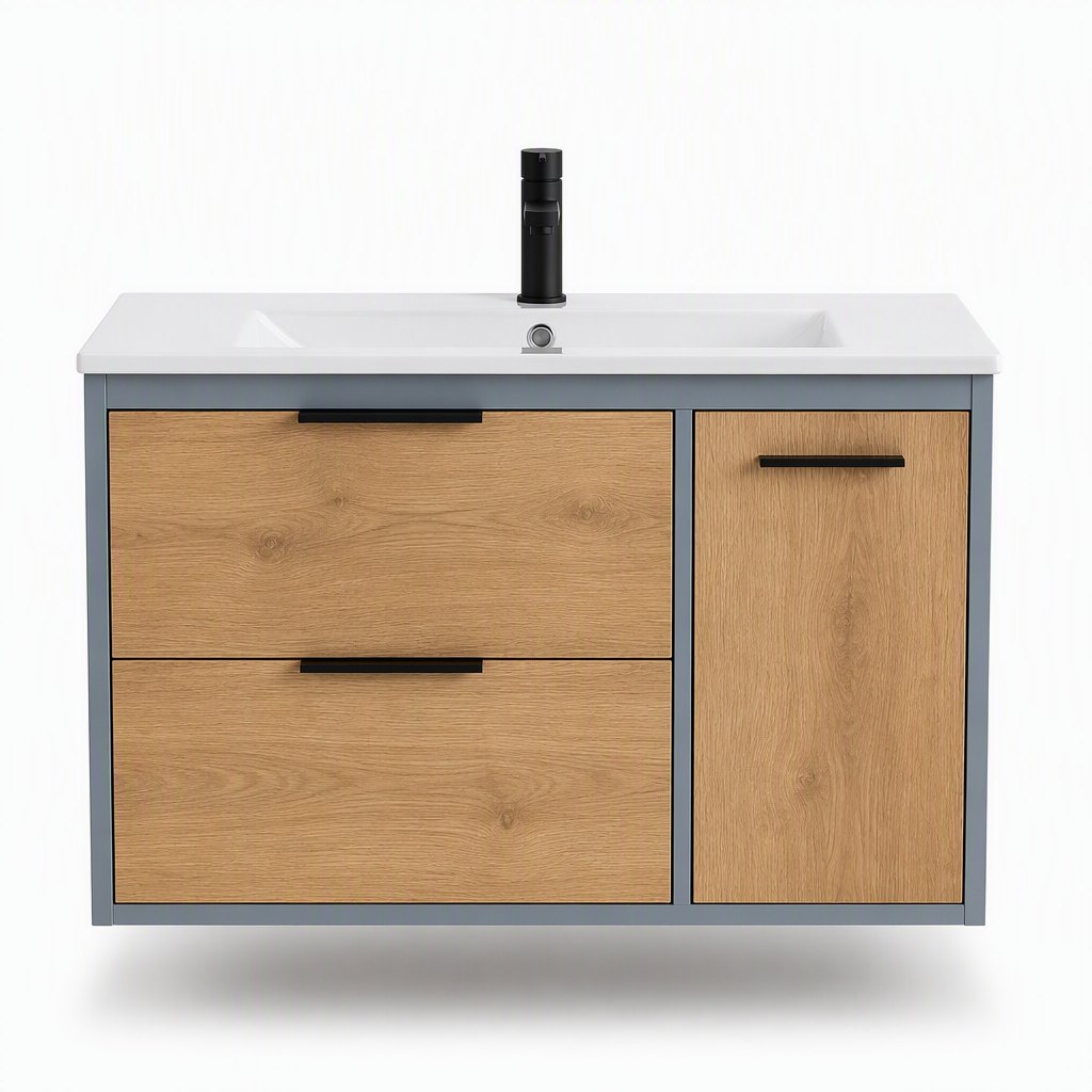 900mm Blue-Grey Coastal Wall-Hung Vanity — Ceramic Basin + Oak-Look Fronts — FAME bathroom cabinet manufacturer