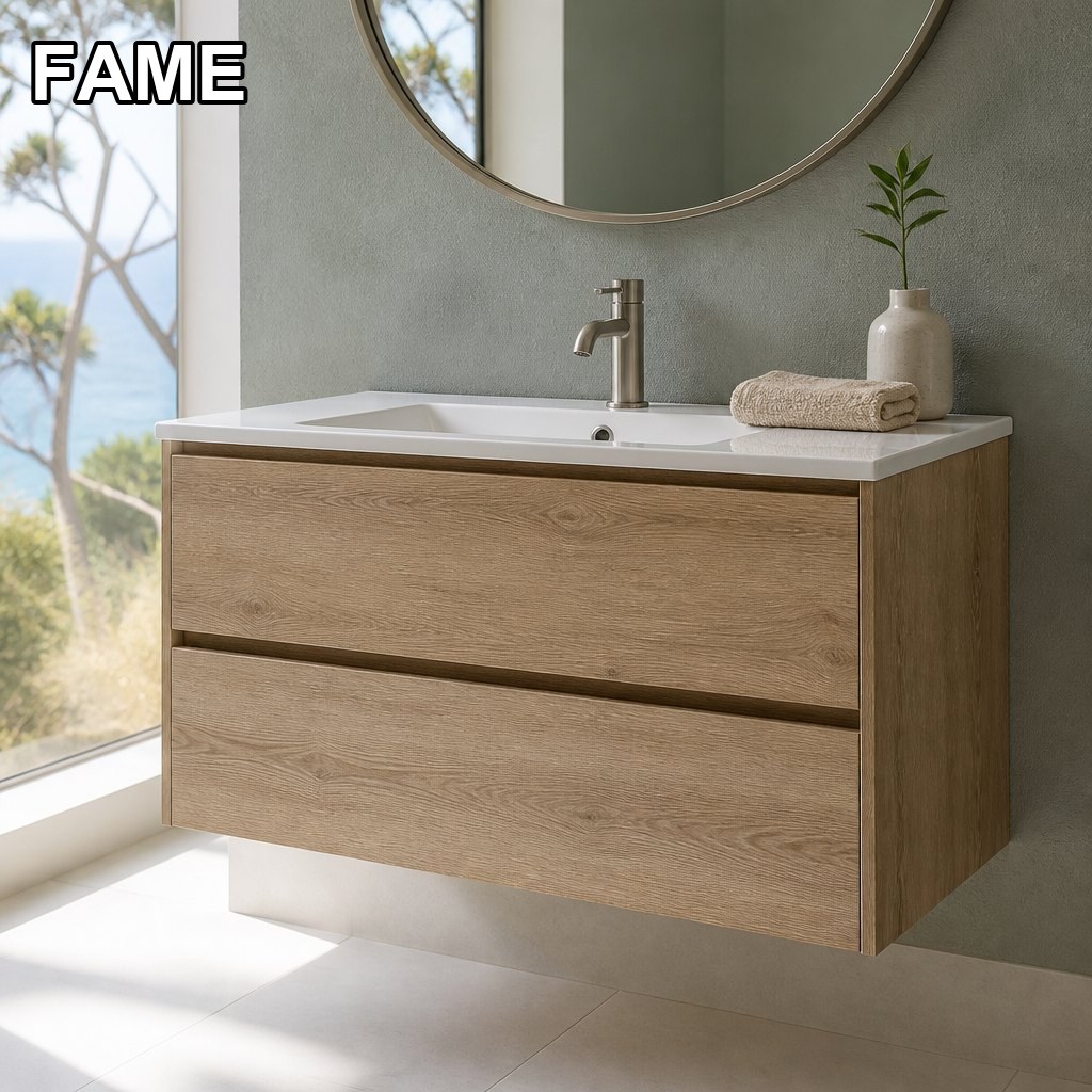 900mm Coastal Oak Wall-Hung Vanity — Integrated Ceramic Basin in a real bathroom setting