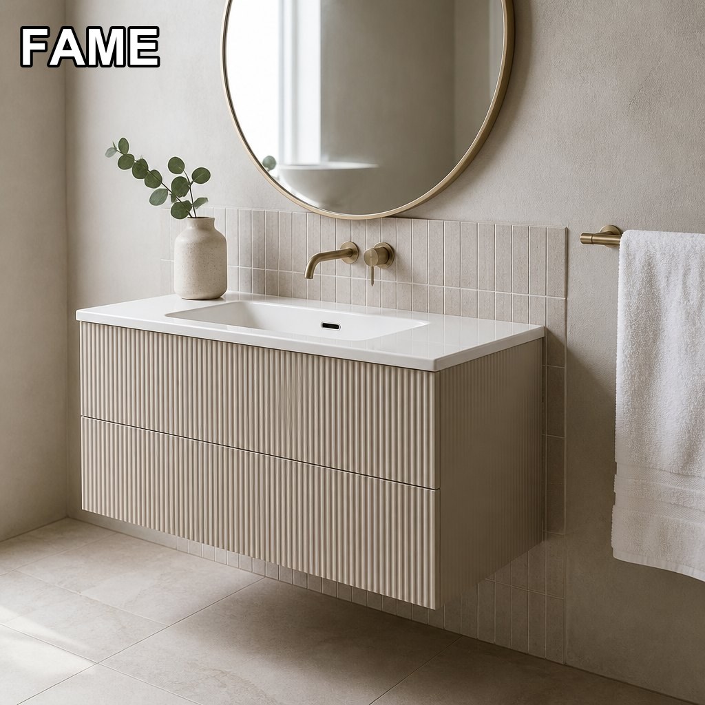900 mm Coastal Sand Wall-Hung Vanity Unit — Fluted Fronts, Slim Ceramic Top in a real bathroom setting