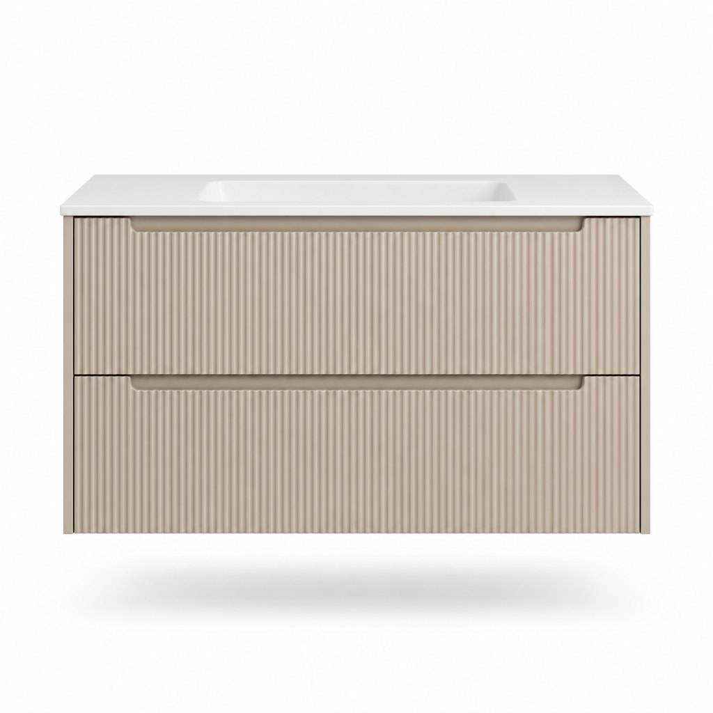 900 mm Coastal Sand Wall-Hung Vanity Unit — Fluted Fronts, Slim Ceramic Top — FAME bathroom cabinet manufacturer