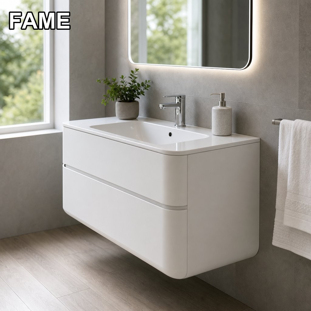 900mm Coved-Base Vanity — Soft Radius Bottom in a real bathroom setting