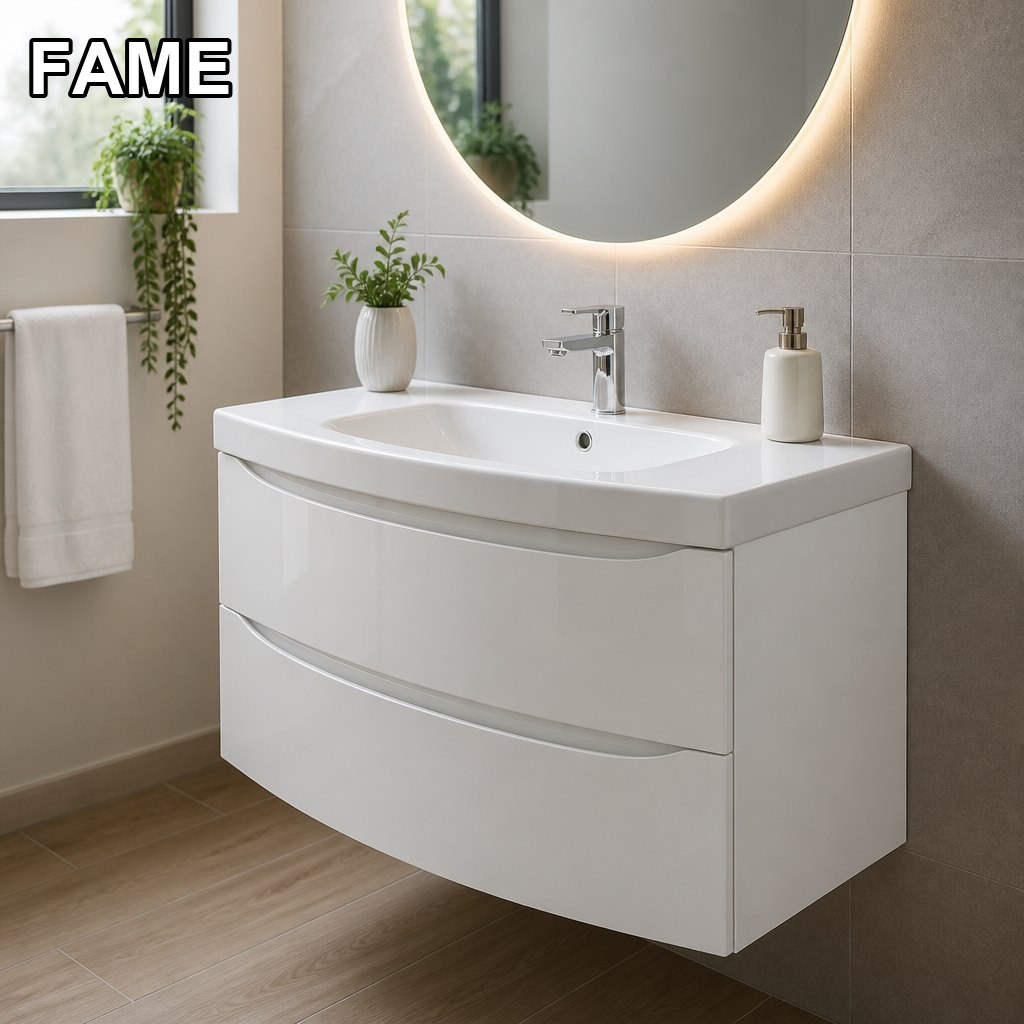 900mm Curved White Vanity — Soft Sculptural Silhouette in a real bathroom setting