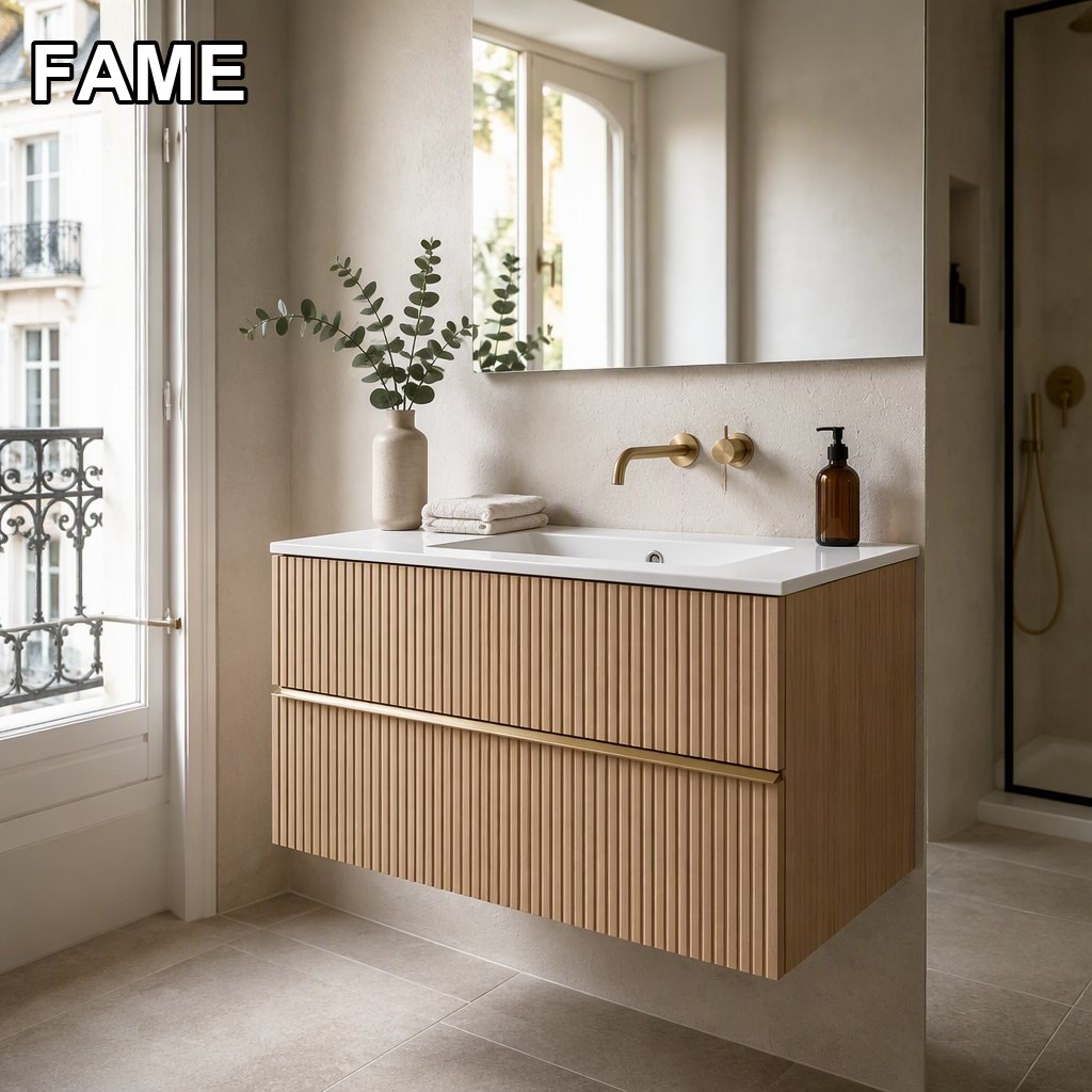 900 mm Fluted Oak Wall-Hung Vanity — Cannelé Fronts, One-Piece Ceramic Basin in a real bathroom setting