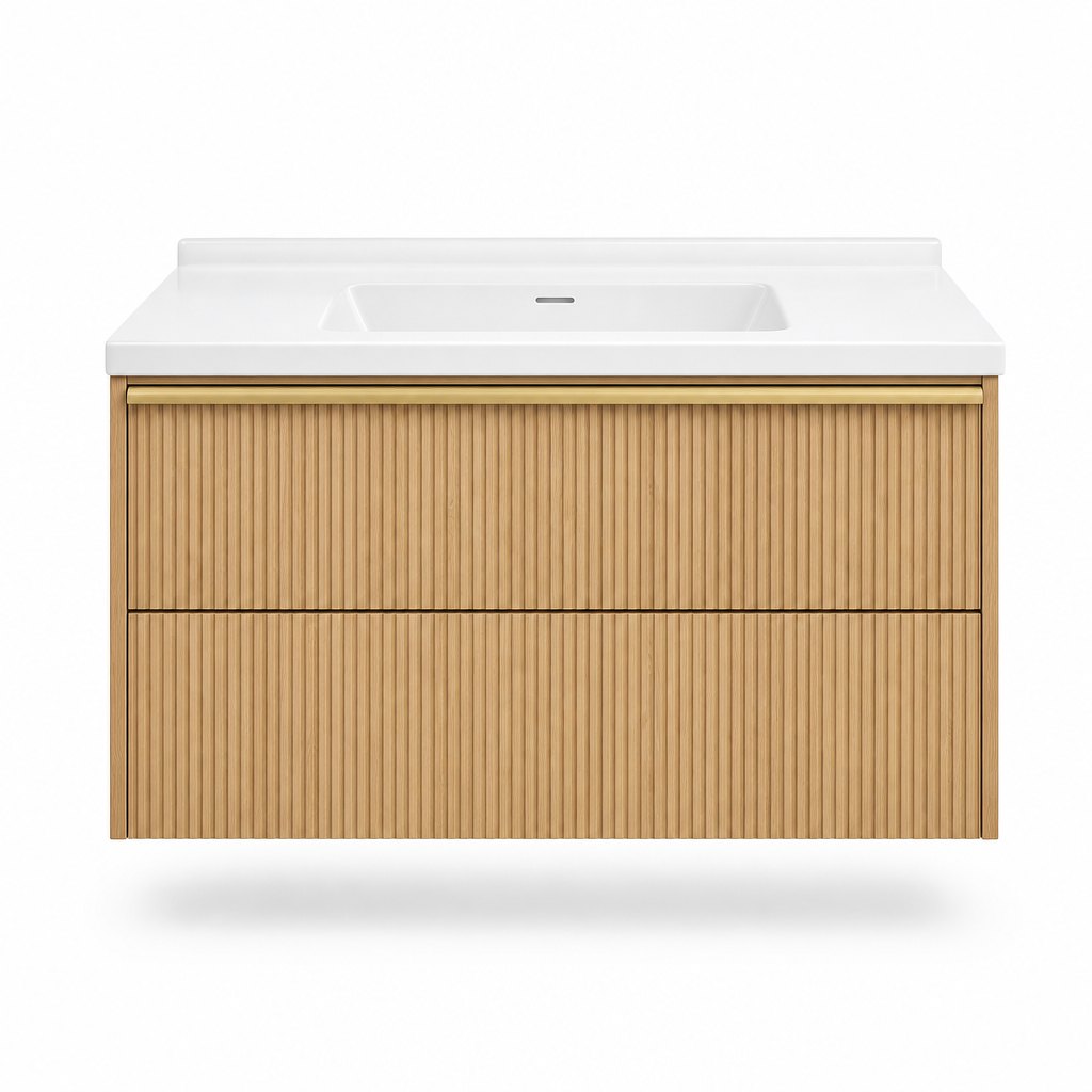 900 mm Fluted Oak Wall-Hung Vanity — Cannelé Fronts, One-Piece Ceramic Basin — FAME bathroom cabinet manufacturer