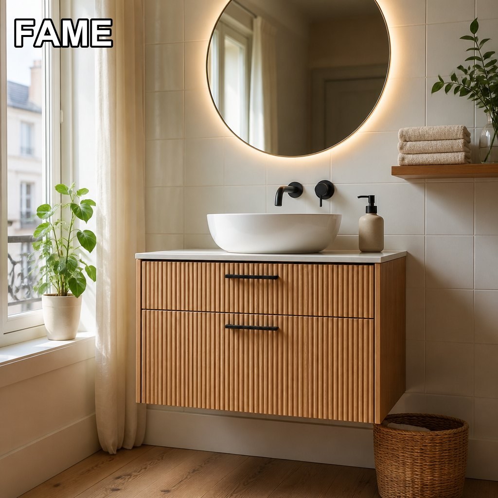 900mm Fluted Oak Wall-Hung Vanity — LED Mirror + Vessel Basin in a real bathroom setting