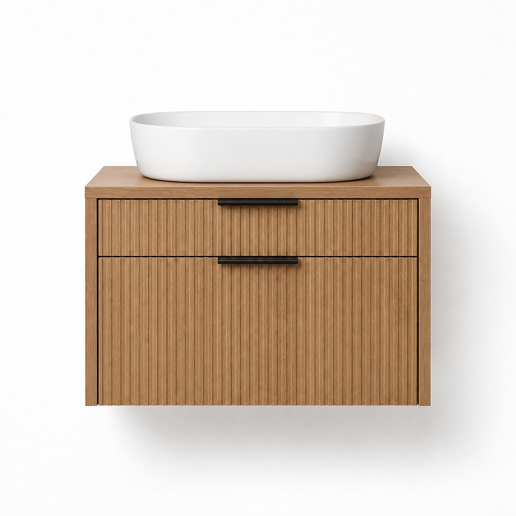 900mm Fluted Oak Wall-Hung Vanity — LED Mirror + Vessel Basin — FAME bathroom cabinet manufacturer