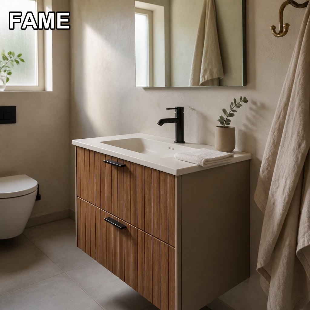 900 mm Freijó Slat Vanity with a Sculpted Solid-Surface Basin for Brazilian Apartments in a real bathroom setting