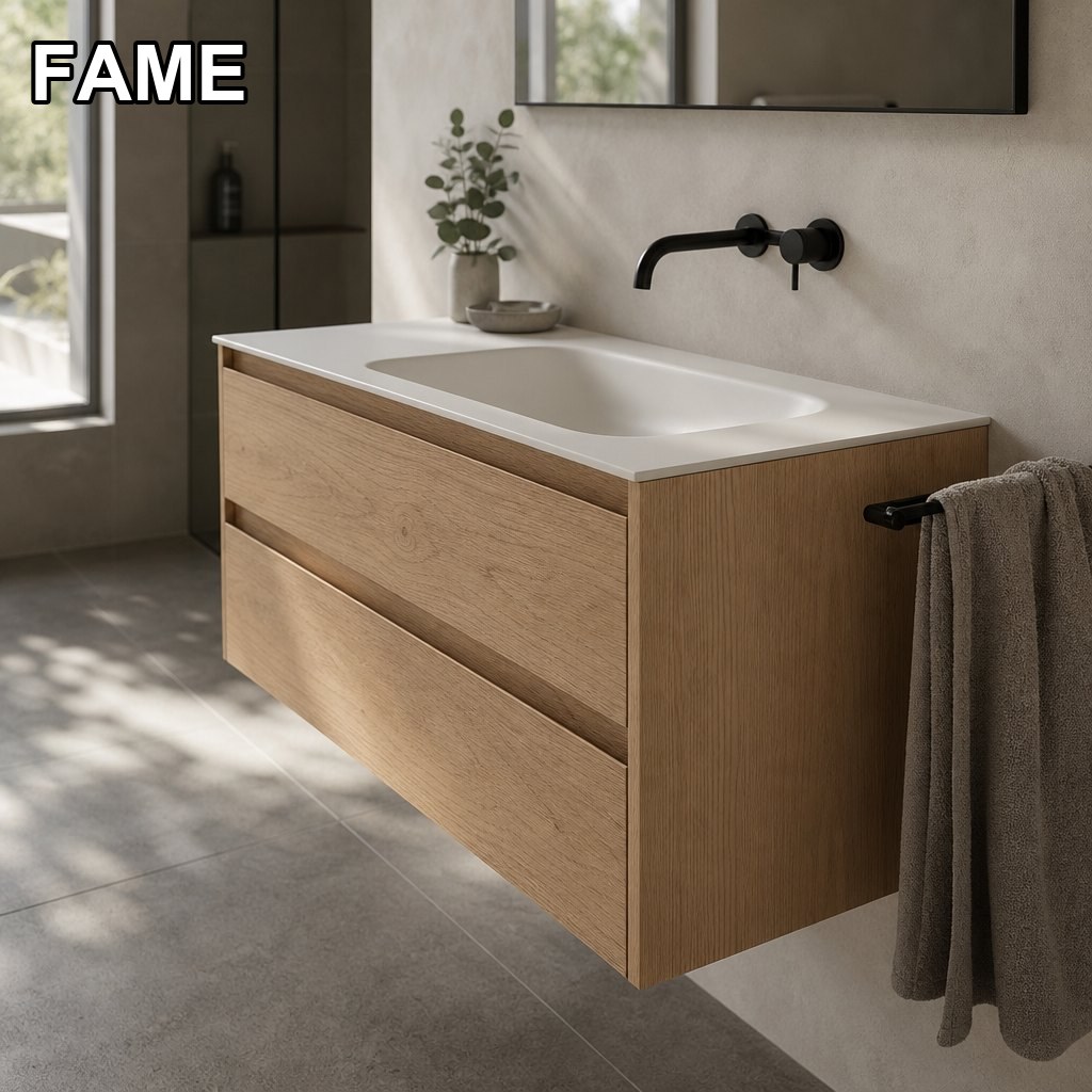 900 mm Oiled Oak Wall-Hung Vanity — Seamless Mineral Cast Basin in a real bathroom setting
