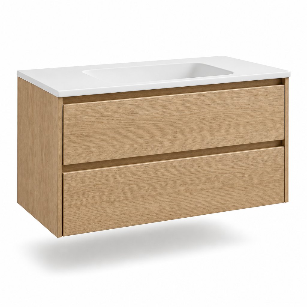 900 mm Oiled Oak Wall-Hung Vanity — Seamless Mineral Cast Basin — FAME bathroom cabinet manufacturer