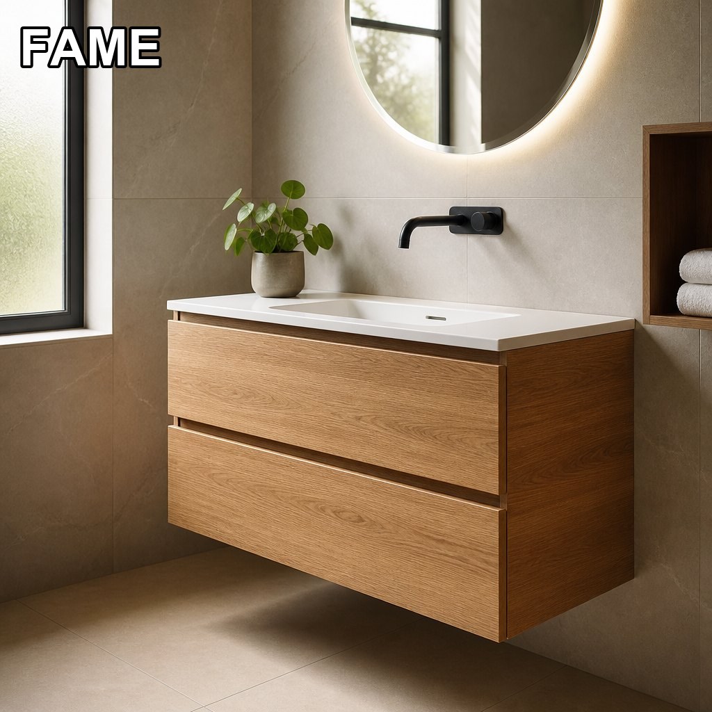 900mm Oak Handleless Wall-Hung Vanity — Ceramic Countertop Basin in a real bathroom setting
