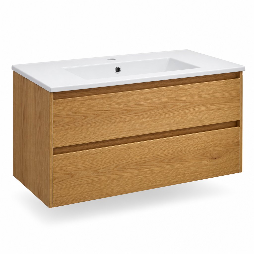 900mm Oak Handleless Wall-Hung Vanity — Ceramic Countertop Basin — FAME bathroom cabinet manufacturer