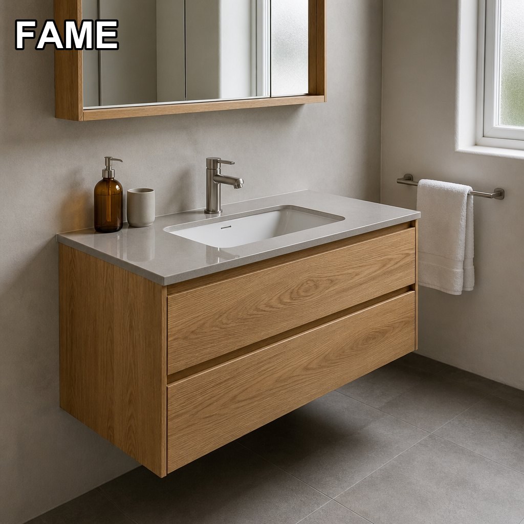 900mm Oak Wall-Hung Vanity — One-Piece Sintered-Stone Washbasin for German Bathrooms in a real bathroom setting