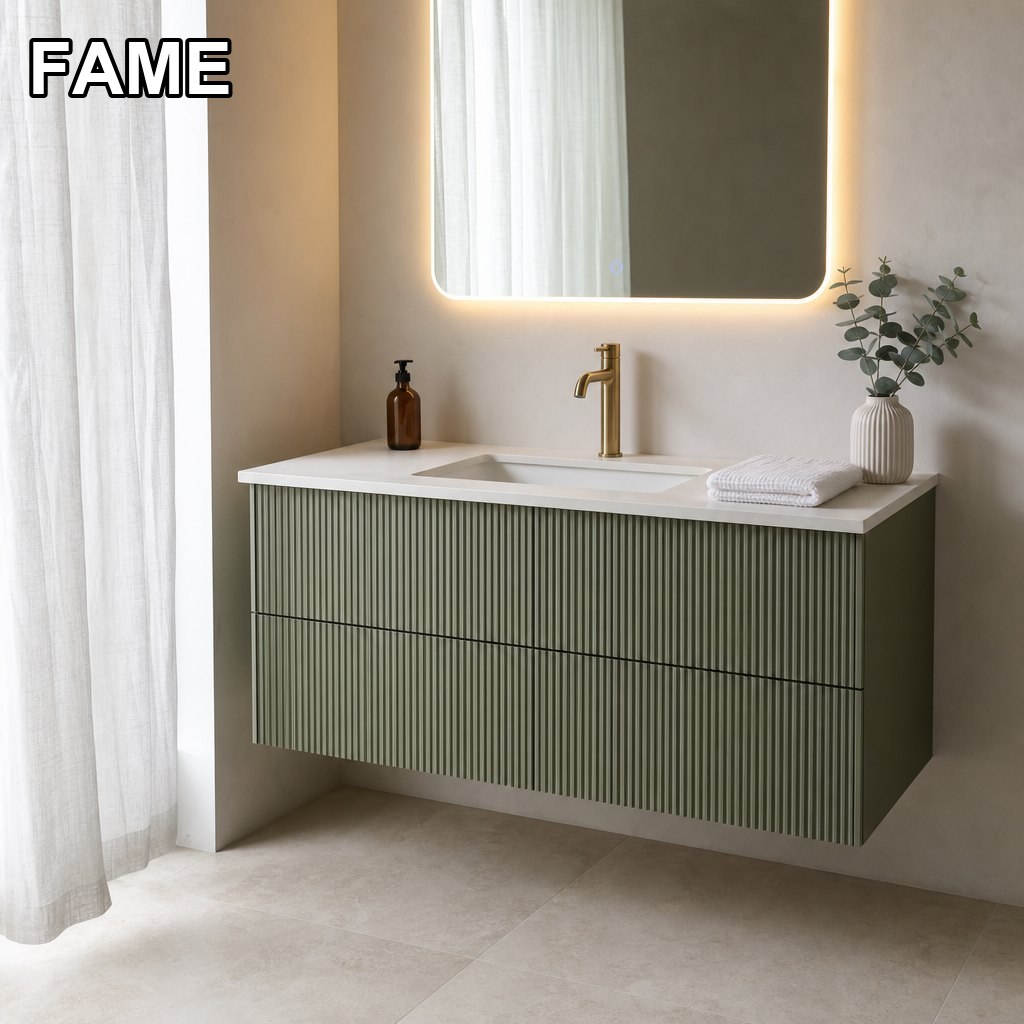 900mm Sage Green Fluted Wall-Hung Vanity — Sensor-Lit Mirror + Sintered Stone Top in a real bathroom setting