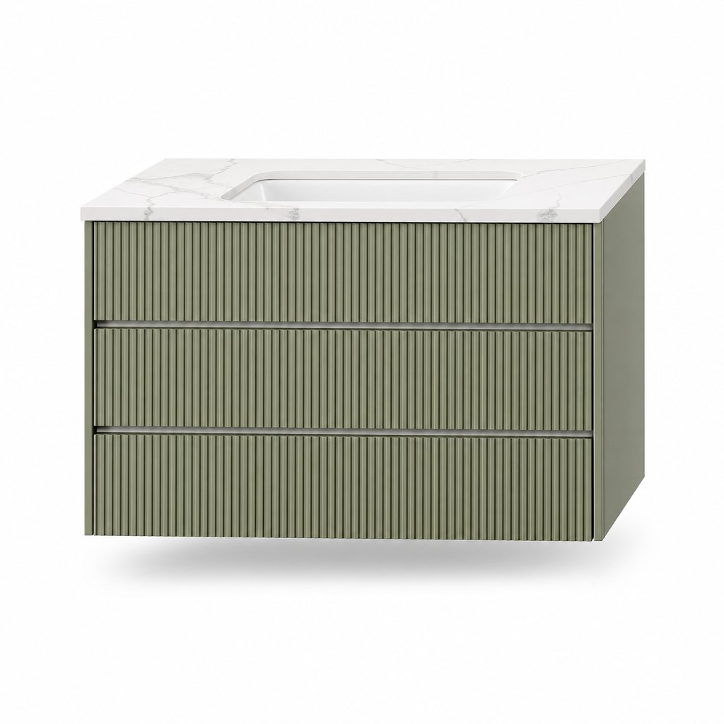 900mm Sage Green Fluted Wall-Hung Vanity — Sensor-Lit Mirror + Sintered Stone Top — FAME bathroom cabinet manufacturer
