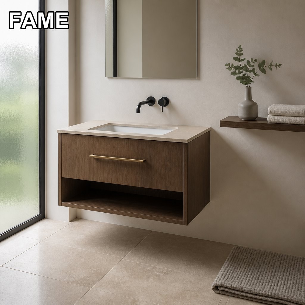 900 mm Smoked-Oak Floating Vanity with an Open Towel Niche in a real bathroom setting