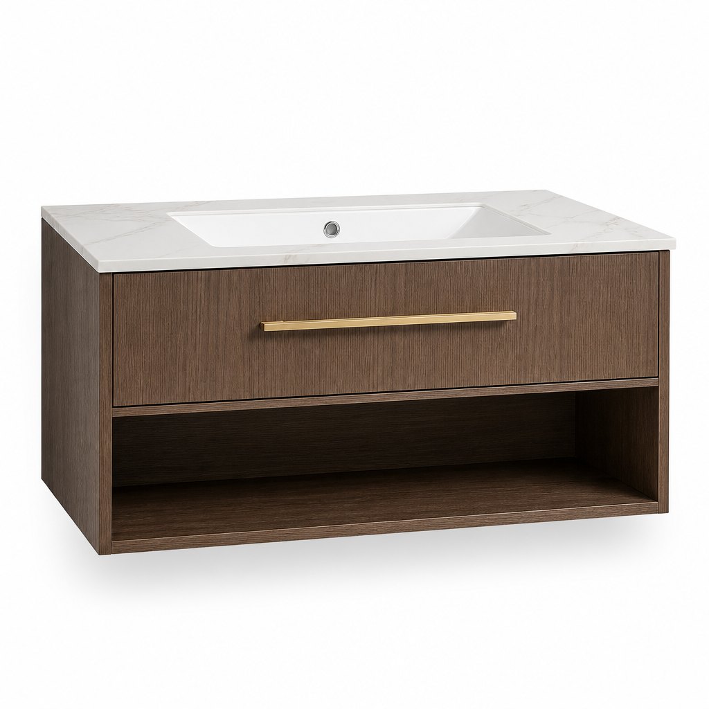 900 mm Smoked-Oak Floating Vanity with an Open Towel Niche — FAME bathroom cabinet manufacturer