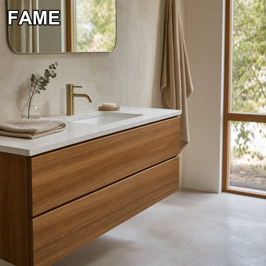 900mm Spotted Gum Wall-Hung Vanity — Native Australian Timber on a 20mm Stone Deck in a real bathroom setting