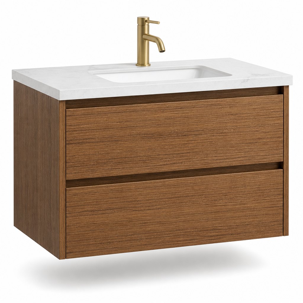 900mm Spotted Gum Wall-Hung Vanity — Native Australian Timber on a 20mm Stone Deck — FAME bathroom cabinet manufacturer