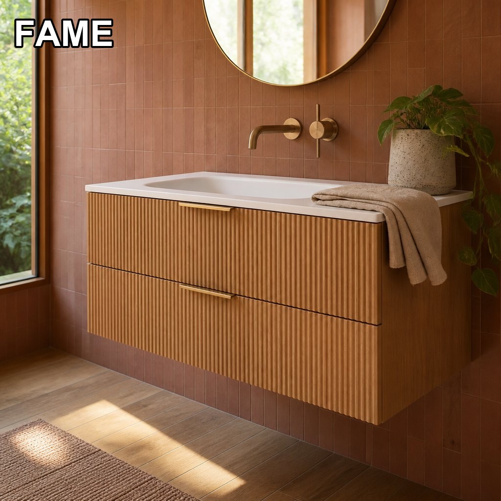 900 mm Warm Oak Wall-Hung Vanity Unit — Fluted Double Drawer, Slim Stone Top in a real bathroom setting
