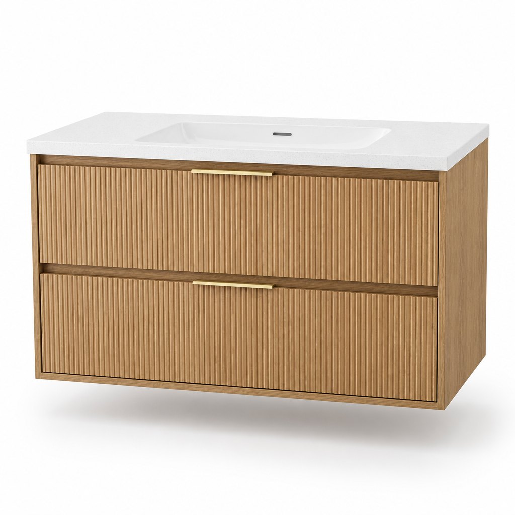 900 mm Warm Oak Wall-Hung Vanity Unit — Fluted Double Drawer, Slim Stone Top — FAME bathroom cabinet manufacturer