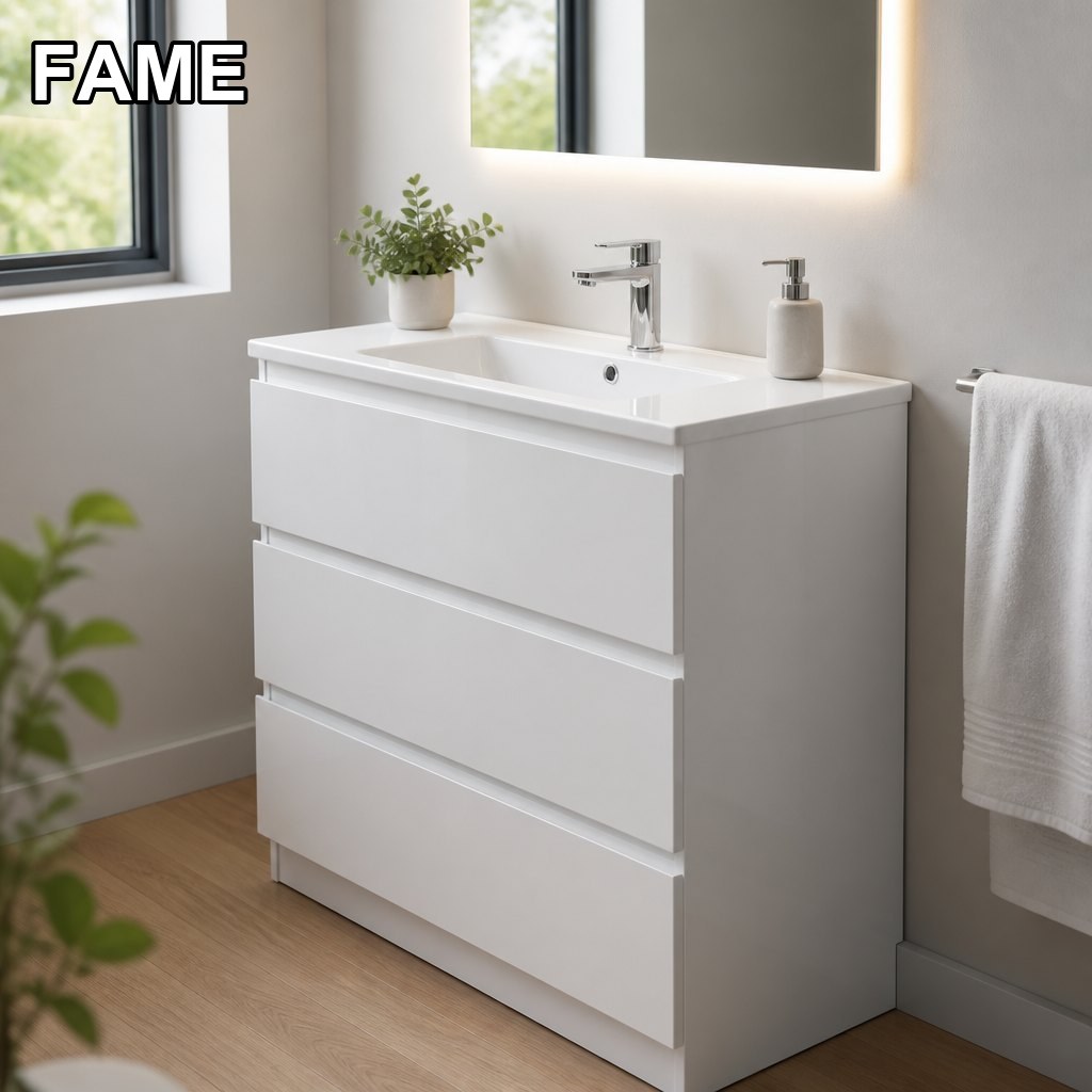 900mm White Gloss 3-Drawer Vanity — Vertical Storage in a real bathroom setting