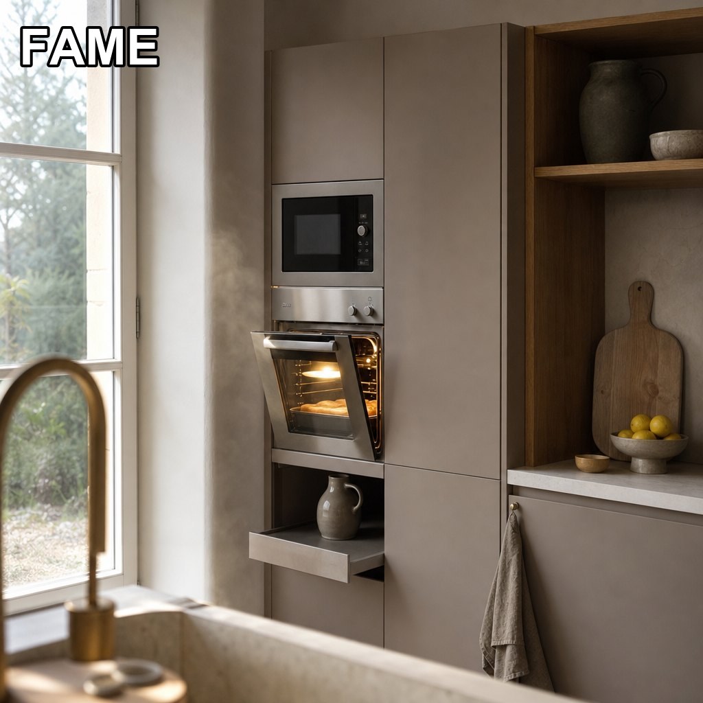 Tall Appliance Tower — Built-In Oven, Microwave & Pull-Out Landing Shelf in a real kitchen setting