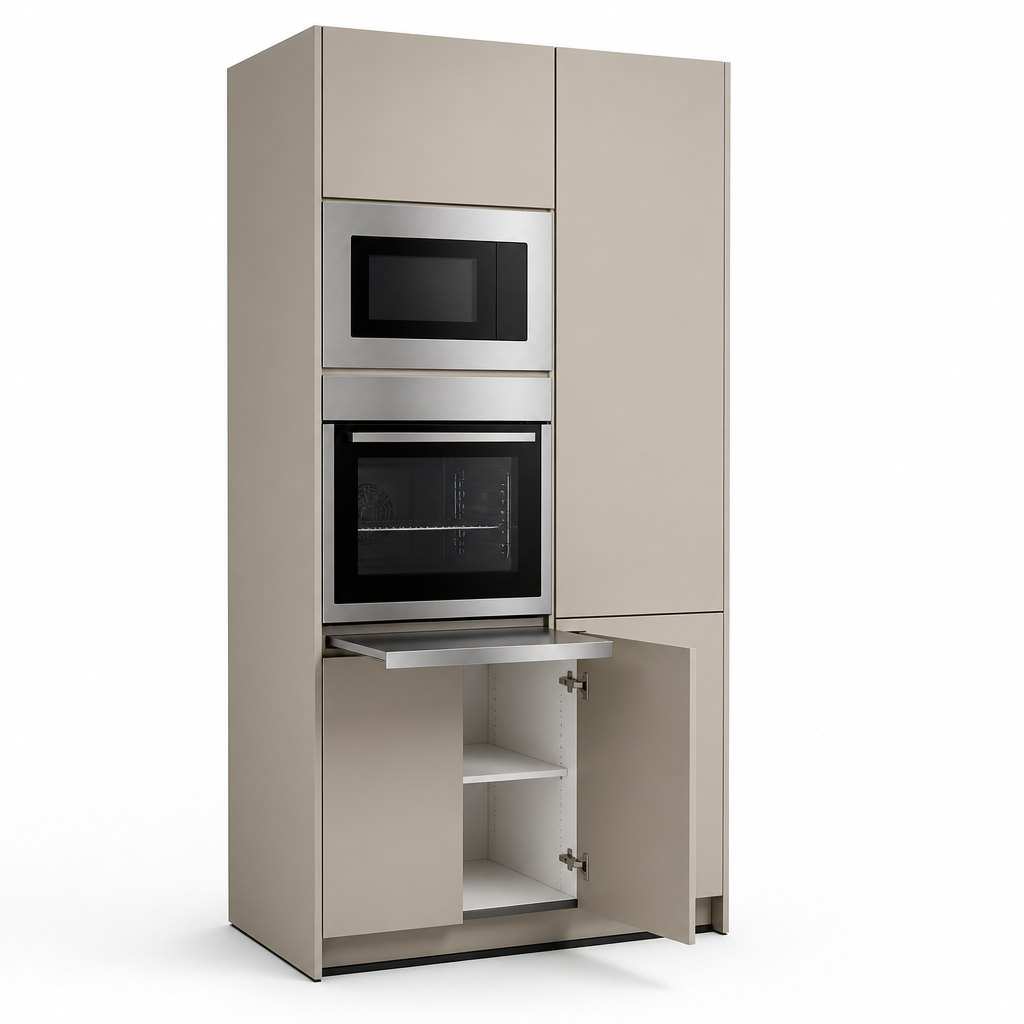 Tall Appliance Tower — Built-In Oven, Microwave & Pull-Out Landing Shelf — FAME kitchen cabinet manufacturer