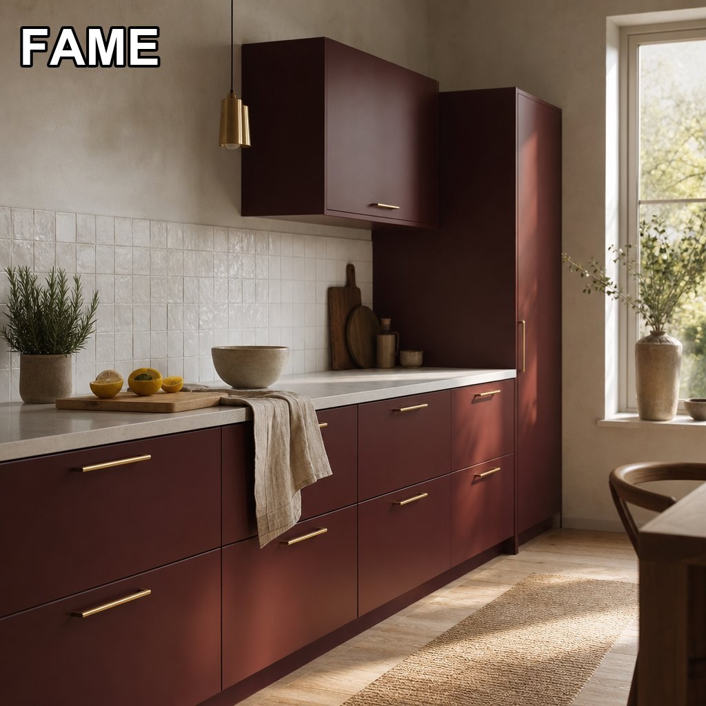 Burgundy Matt Lacquer Kitchen — Deep Oxblood Slab Fronts with Edges Lacquered Shut in a real kitchen setting