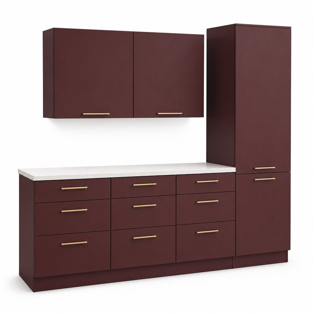 Burgundy Matt Lacquer Kitchen — Deep Oxblood Slab Fronts with Edges Lacquered Shut — FAME kitchen cabinet manufacturer