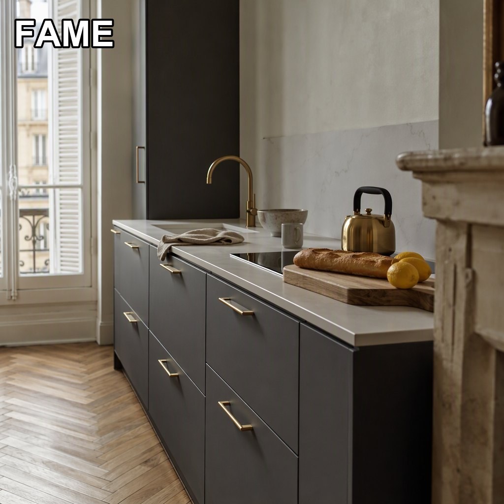 Charcoal Grey Matt Lacquer Kitchen — A 22mm Chamfered Slab With Brushed Brass in a real kitchen setting