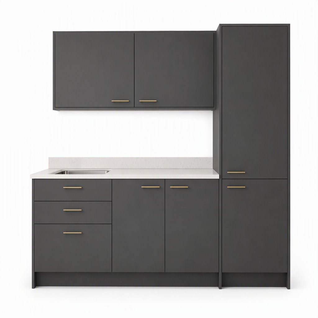 Charcoal Grey Matt Lacquer Kitchen — A 22mm Chamfered Slab With Brushed Brass — FAME kitchen cabinet manufacturer