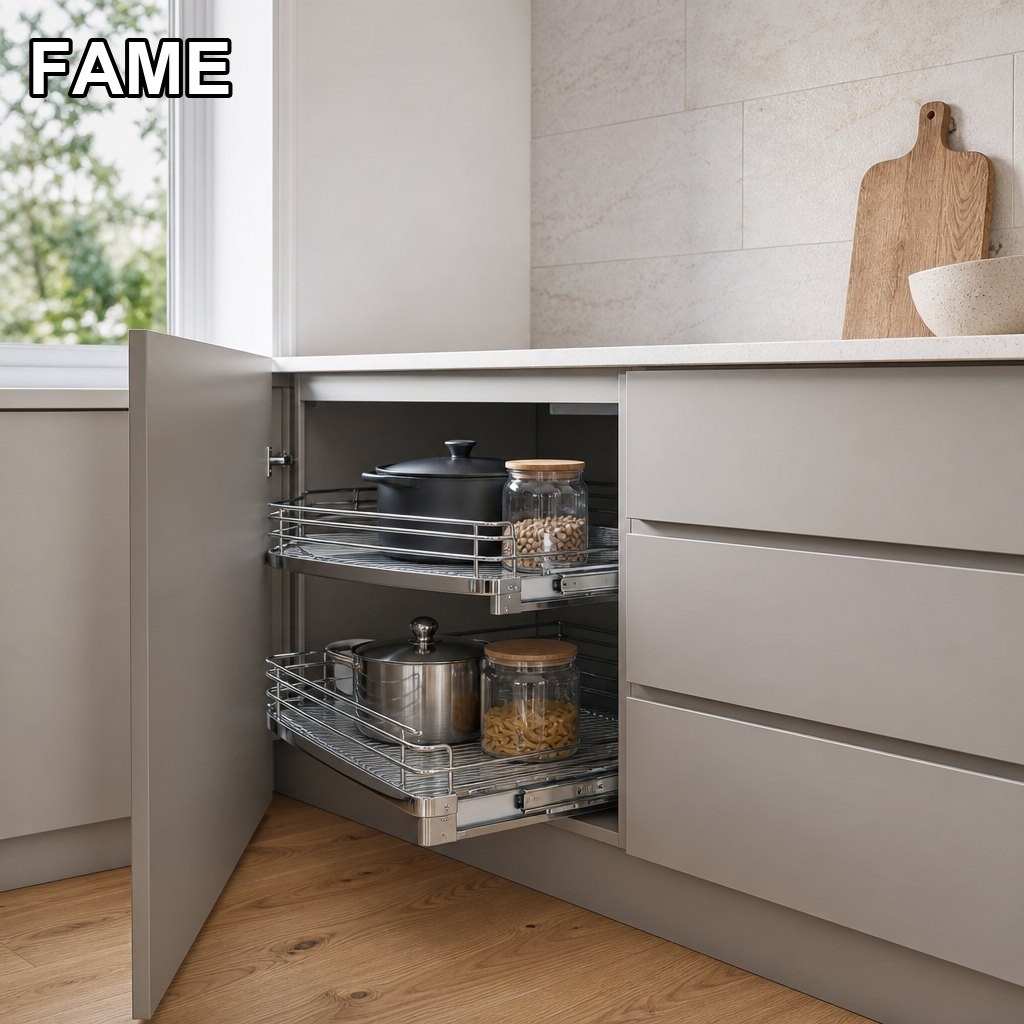 Magic Corner Carousel — Blind-Corner Pull-Out Cabinet in a real kitchen setting