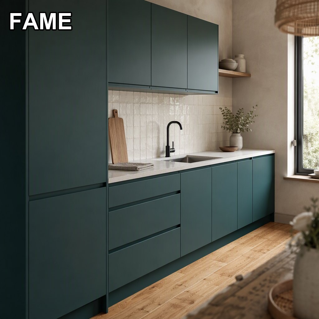 Deep Teal Matt Lacquer Kitchen — A Routed J-Pull With No Visible Hardware in a real kitchen setting