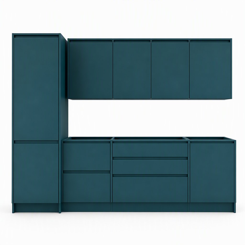 Deep Teal Matt Lacquer Kitchen — A Routed J-Pull With No Visible Hardware — FAME kitchen cabinet manufacturer