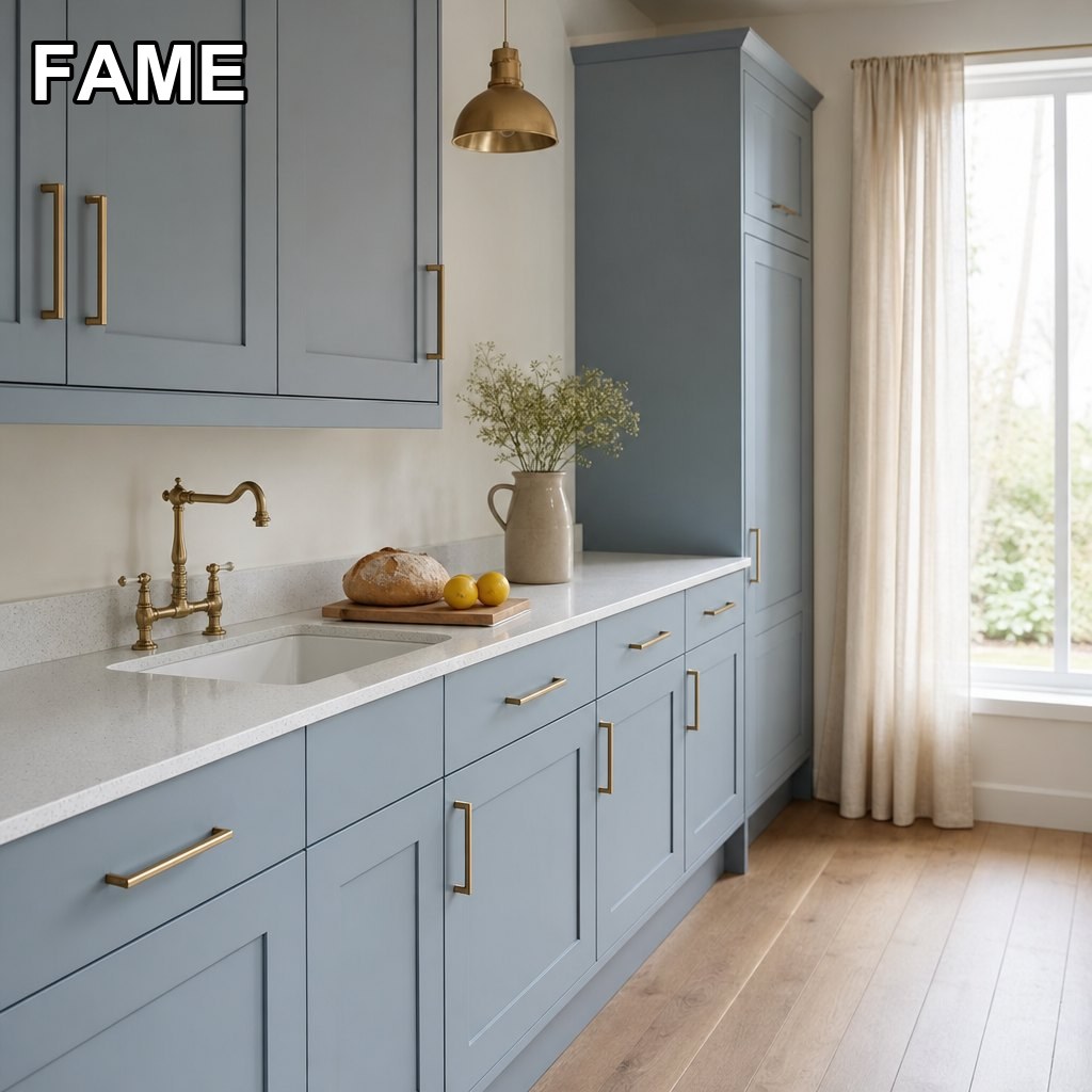 Dusty Blue Slim Shaker Kitchen — A Chalky Mid-Blue Behind a 45mm Frame in a real kitchen setting