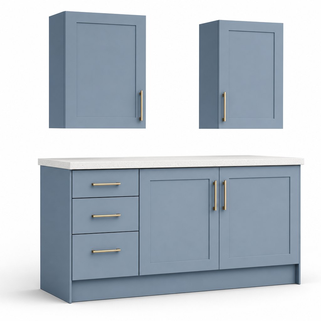 Dusty Blue Slim Shaker Kitchen — A Chalky Mid-Blue Behind a 45mm Frame — FAME kitchen cabinet manufacturer