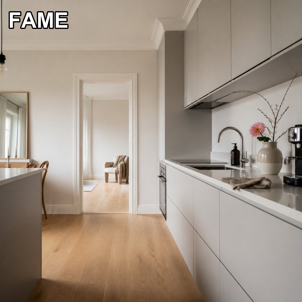 Flat-Panel Kitchen Cabinet Set — Handleless Matte in a real bathroom setting