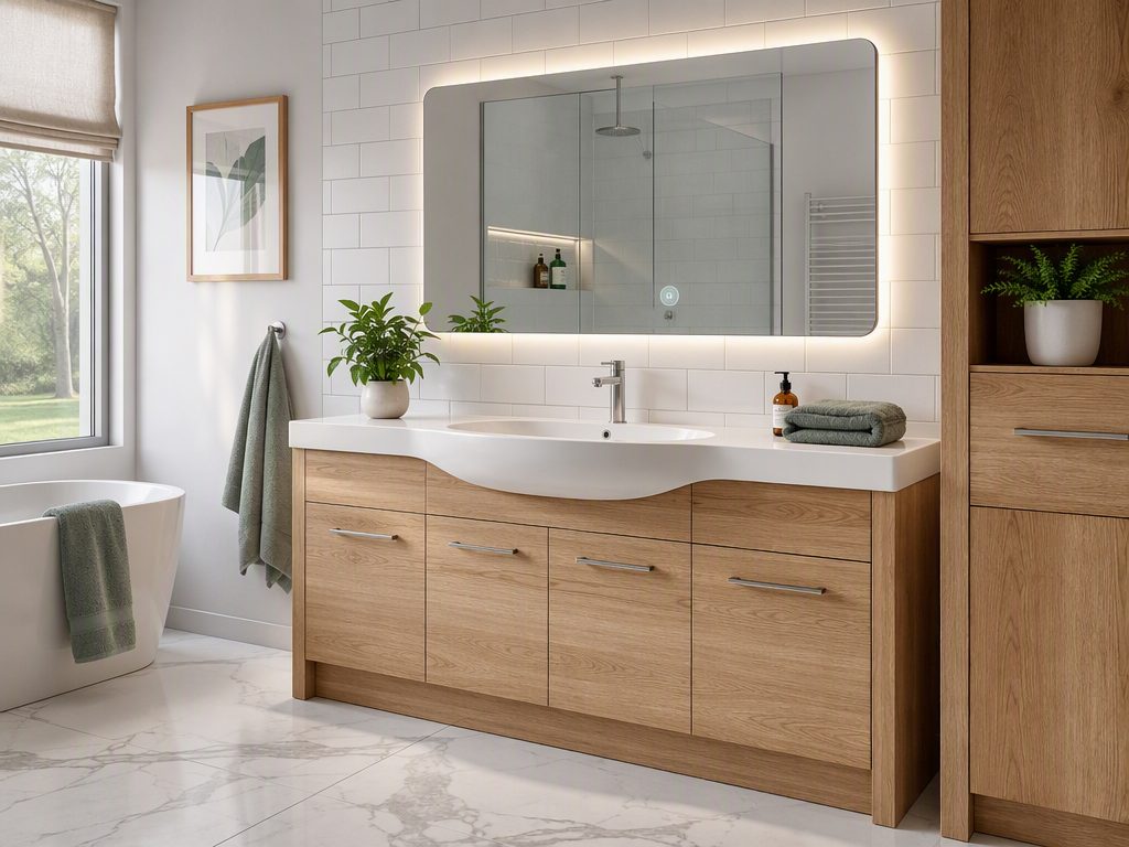 Floor-Standing Wooden Vanity — Integrated Ceramic Sink in a real bathroom setting