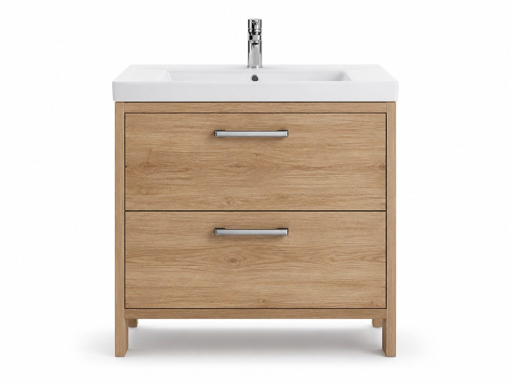 Floor-standing wooden bathroom vanity with integrated sink