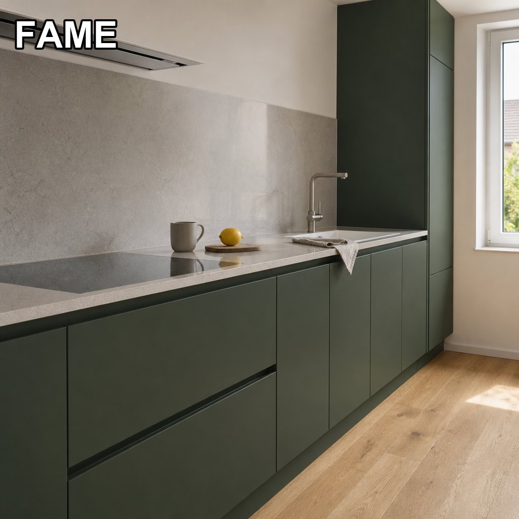 Forest Green Matt Lacquer Kitchen — Handleless J-Groove on an 18 mm Plywood Carcass in a real kitchen setting
