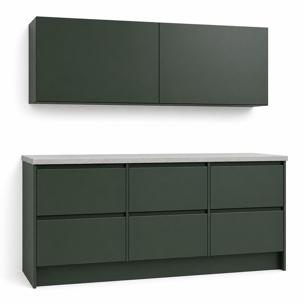 Forest Green Matt Lacquer Kitchen — Handleless J-Groove on an 18 mm Plywood Carcass — FAME kitchen cabinet manufacturer