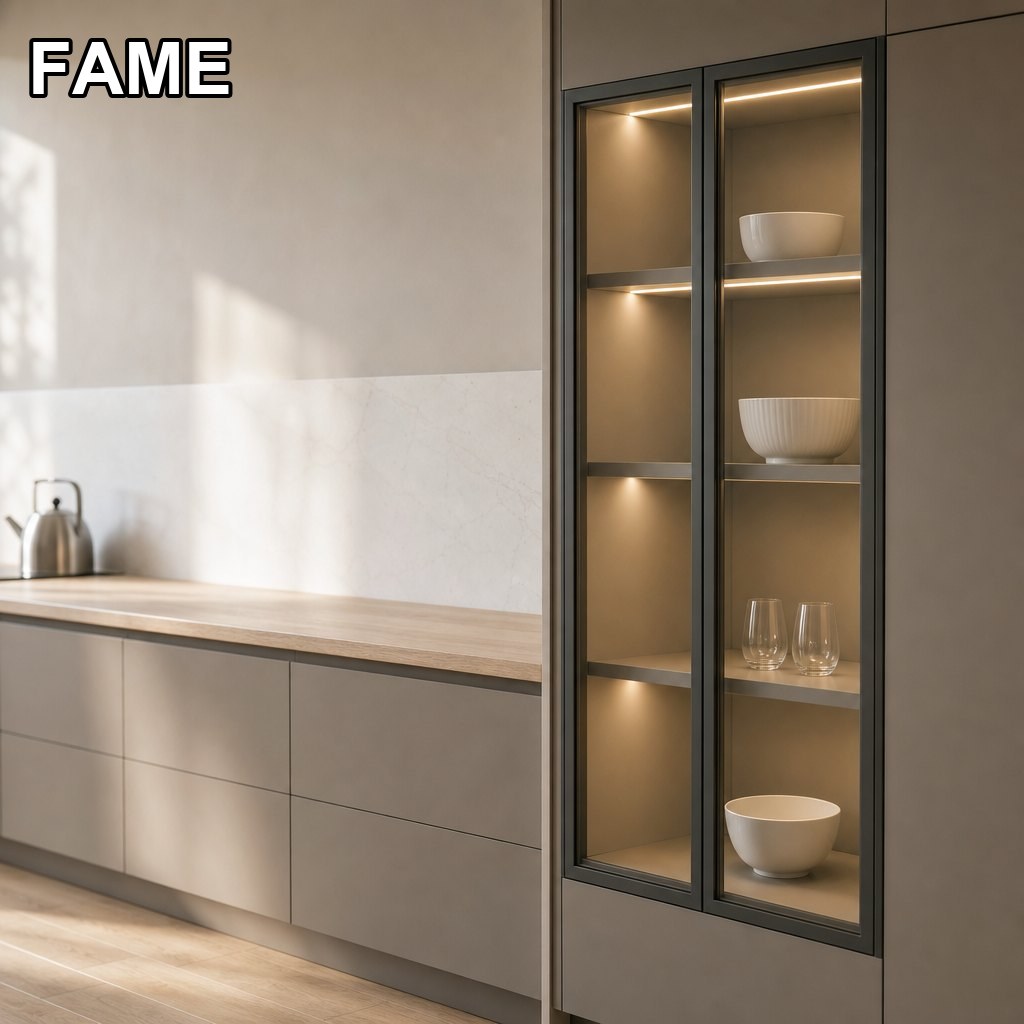 Glass-Door Kitchen Display Cabinet — Aluminium Frames, Four LED-Lit Shelves in a real kitchen setting