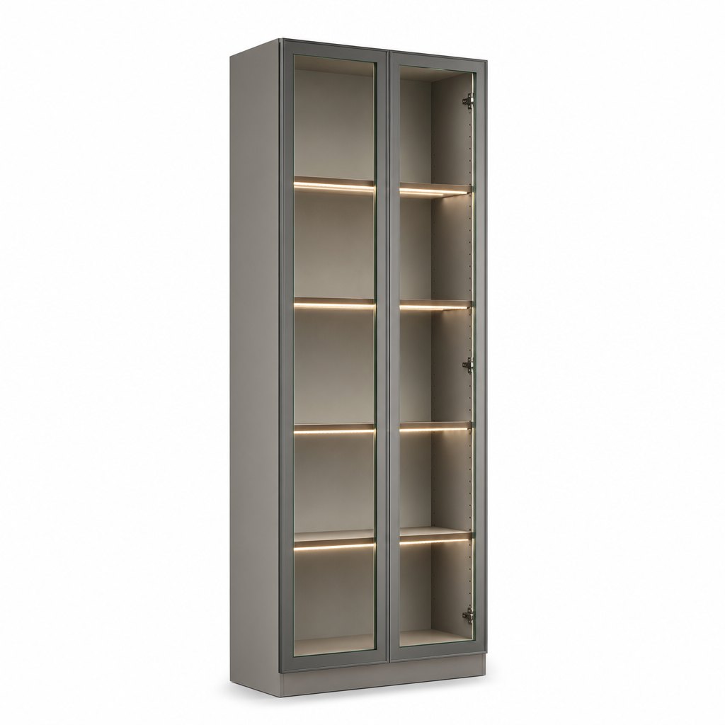 Glass-Door Kitchen Display Cabinet — Aluminium Frames, Four LED-Lit Shelves — FAME kitchen cabinet manufacturer
