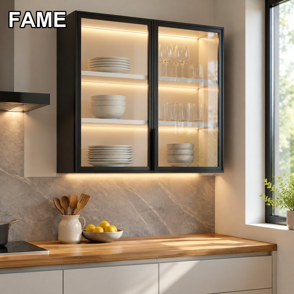 Glass-Door Kitchen Wall Cabinet with LED — Black Aluminium Frames, Tempered Glass in a real kitchen setting