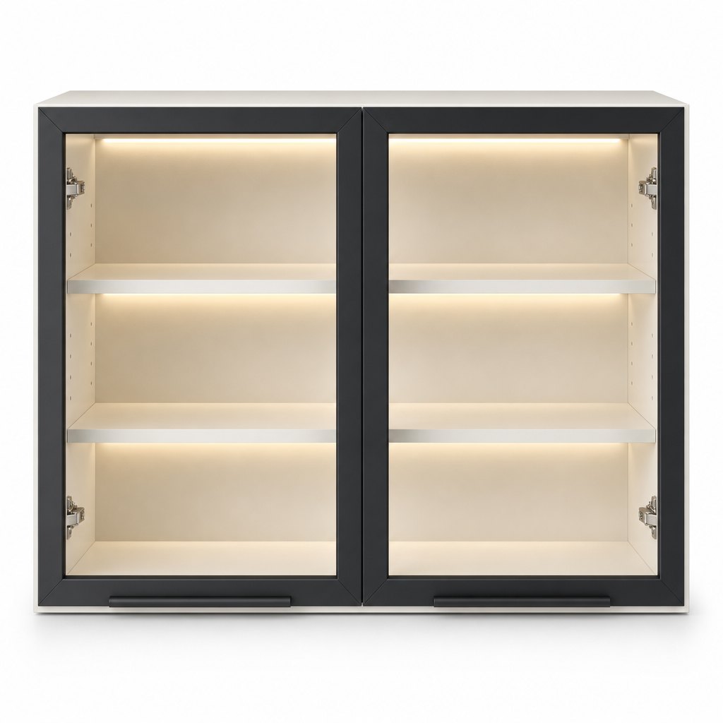 Glass-Door Kitchen Wall Cabinet with LED — Black Aluminium Frames, Tempered Glass — FAME kitchen cabinet manufacturer